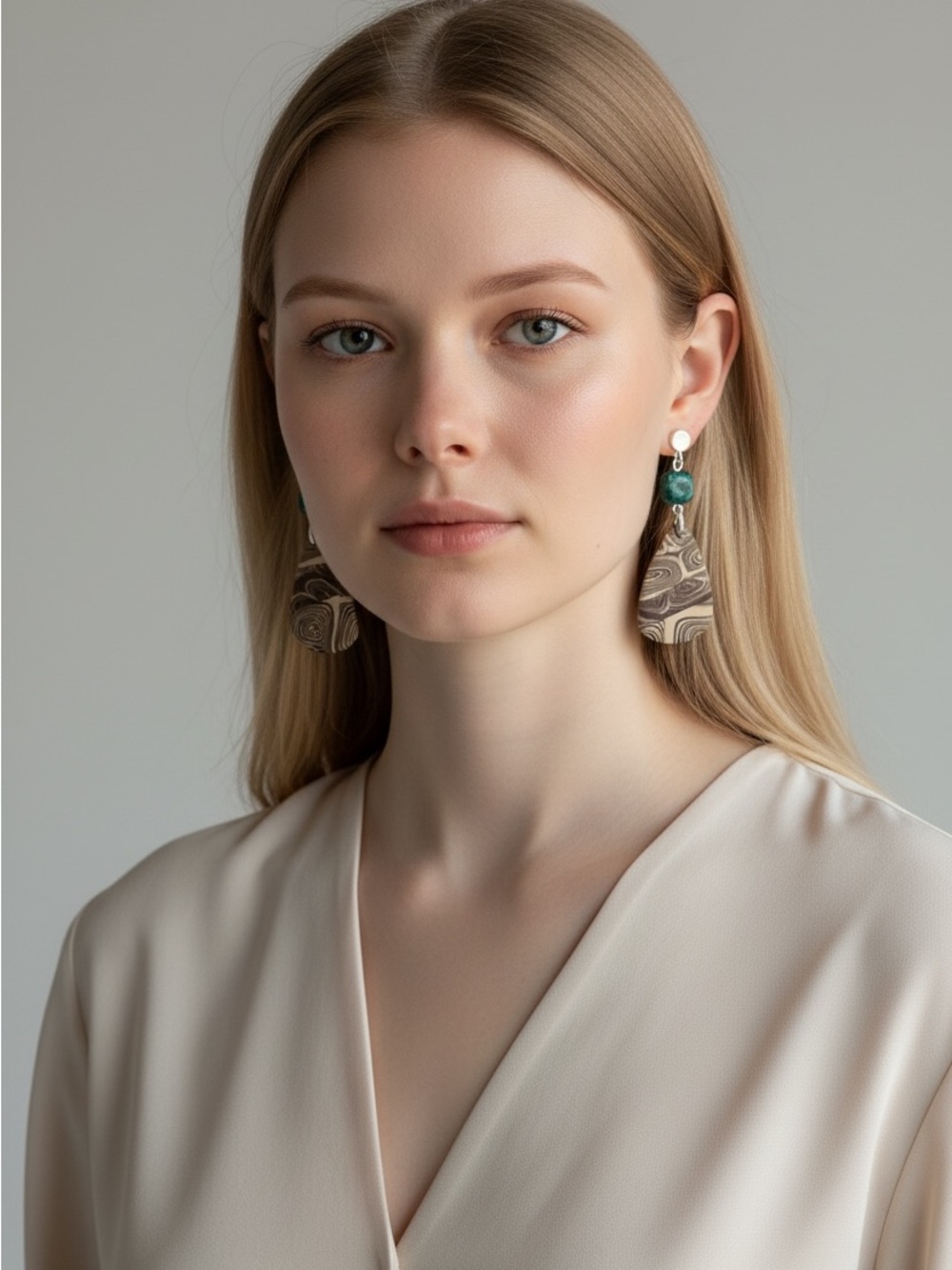 Beige & Teal Statement Drop Earrings
